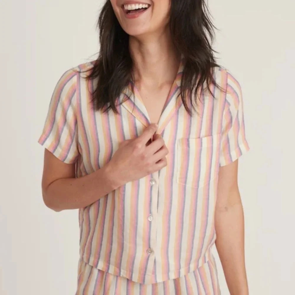 Marine LAYER Doze Short Sleeve PJ Top in Retro Ombre Stripe - Picture 2 of 5